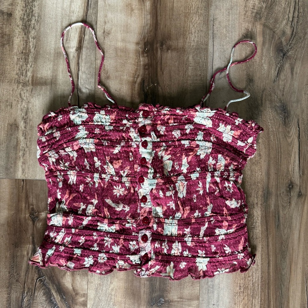Free People FP ONE Meridien Corset Top Burgundy Floral Smocked Crop Tank XS